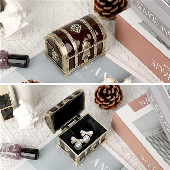 Vintage Metal Jewelry Box Treasure Trinket Chest Small Ring Earrings Gift Holder - Picture 4 of 8